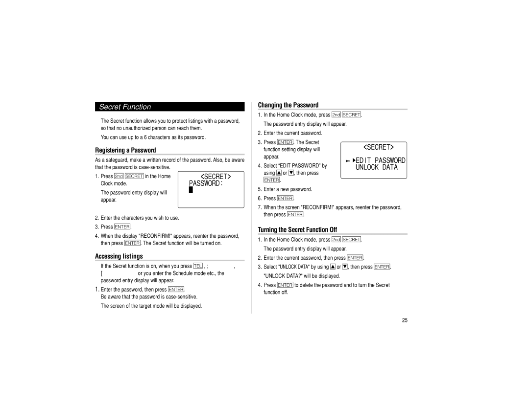 Sharp EL-6990 Registering a Password, Changing the Password, Turning the Secret Function Off, Accessing listings 