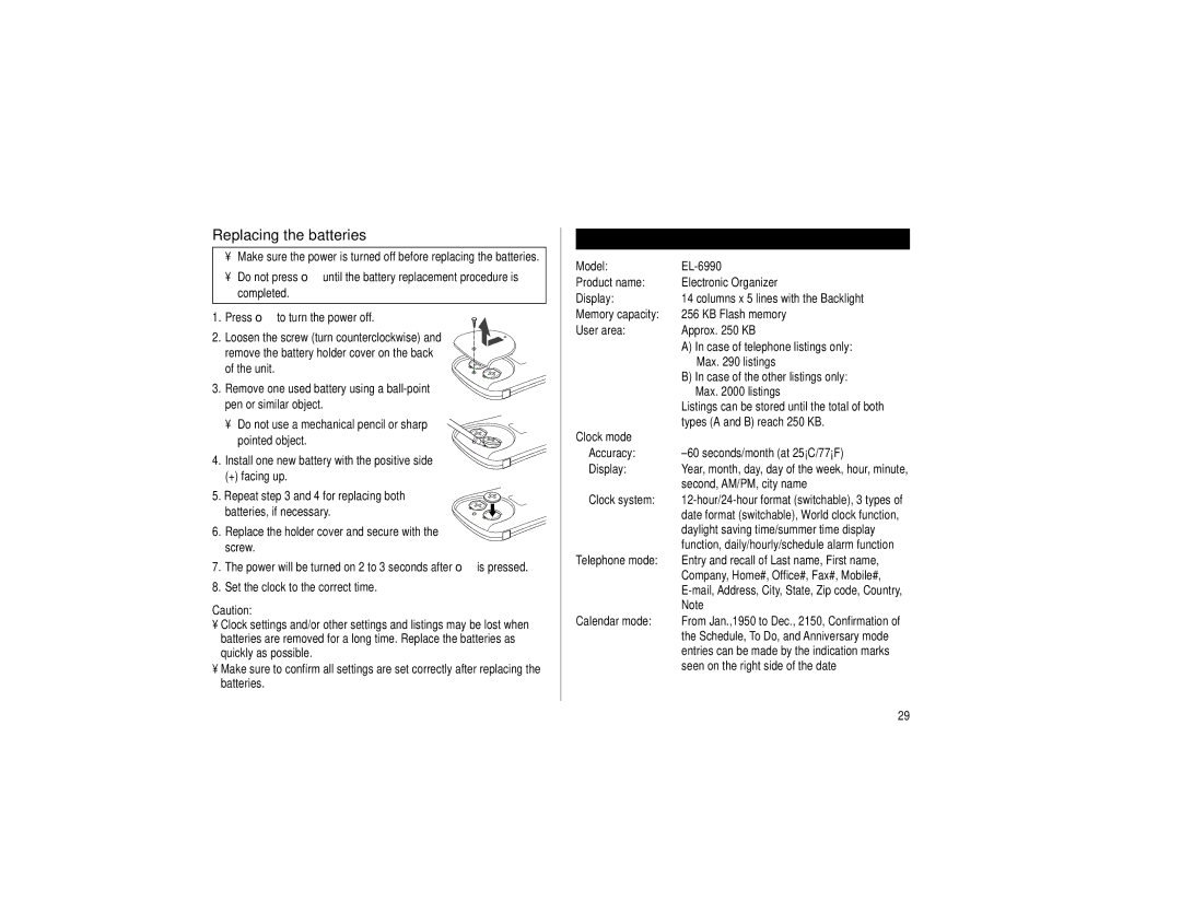 Sharp EL-6990 operation manual Specifications, Replacing the batteries 