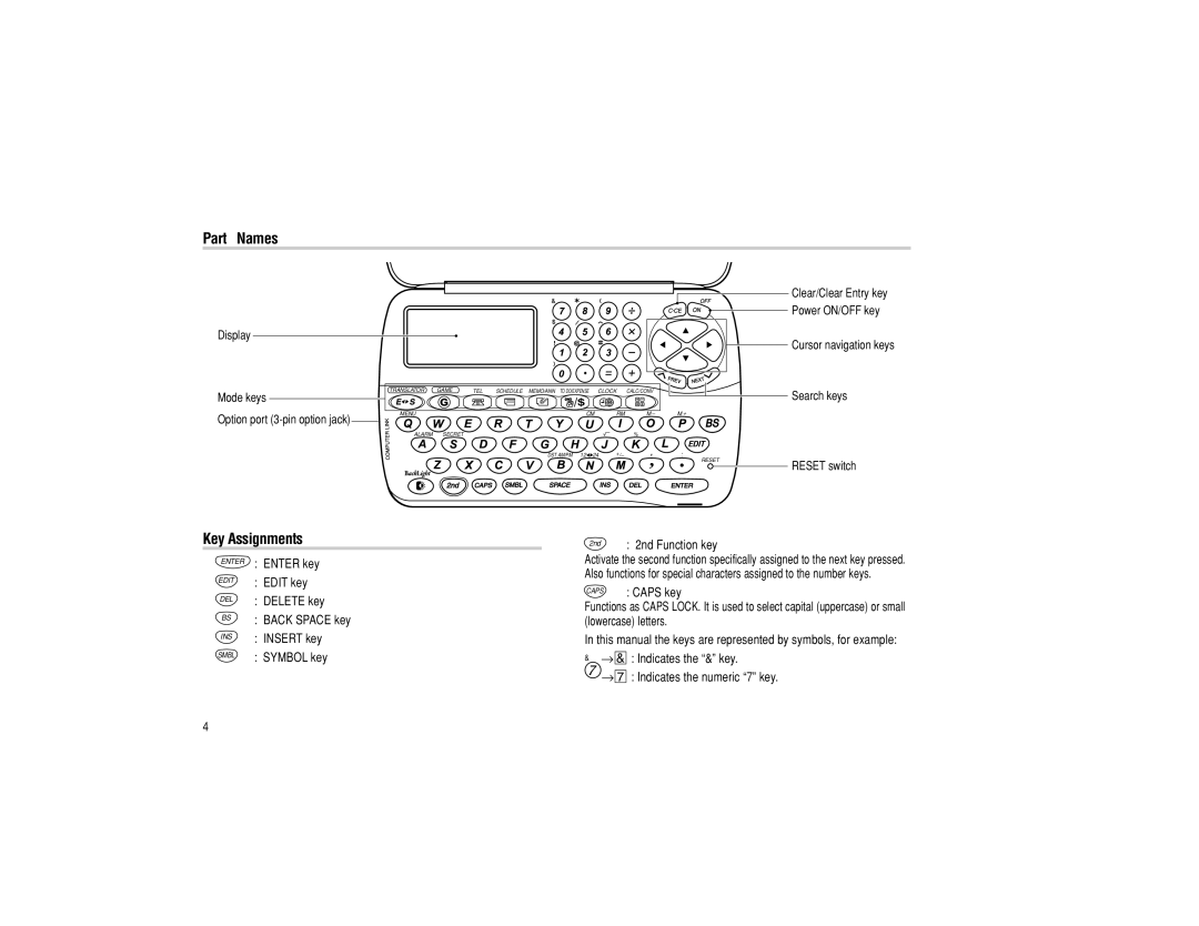 Sharp EL-6990 operation manual Part Names, Key Assignments 