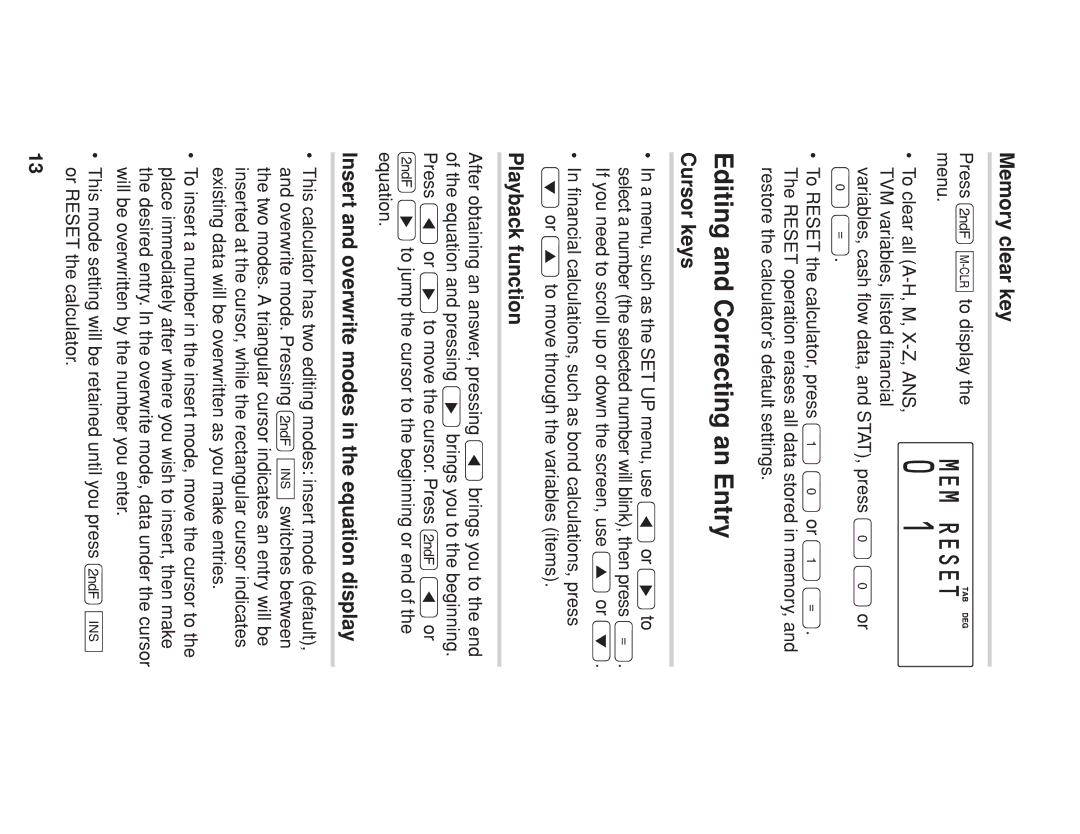 Sharp EL-738 operation manual Editing and Correcting an Entry, Memory clear key, Cursor keys, Playback function 