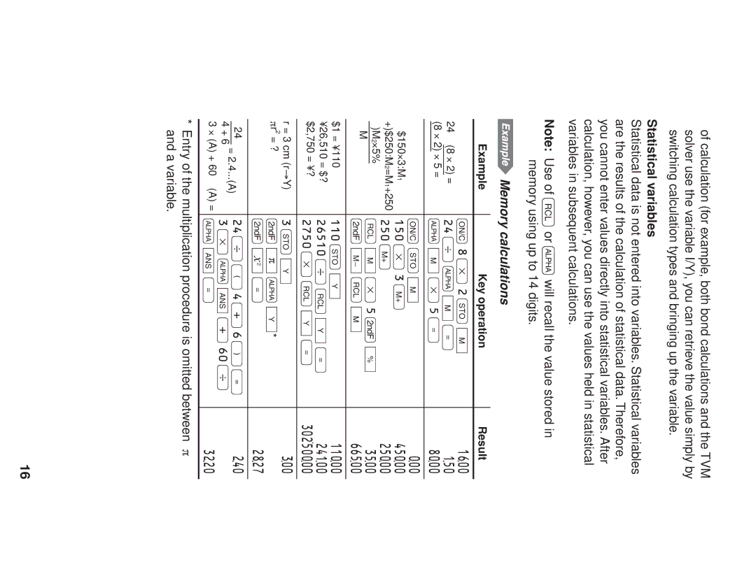 Sharp EL-738 operation manual Statistical variables, Memory calculations, Example Key operation 