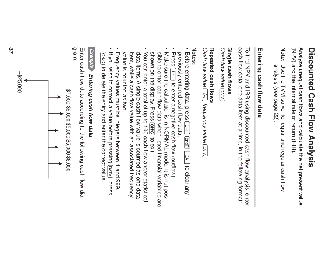 Sharp EL-738 operation manual Discounted Cash Flow Analysis, Entering cash ﬂow data, Single cash ﬂows, Repeated cash ﬂows 