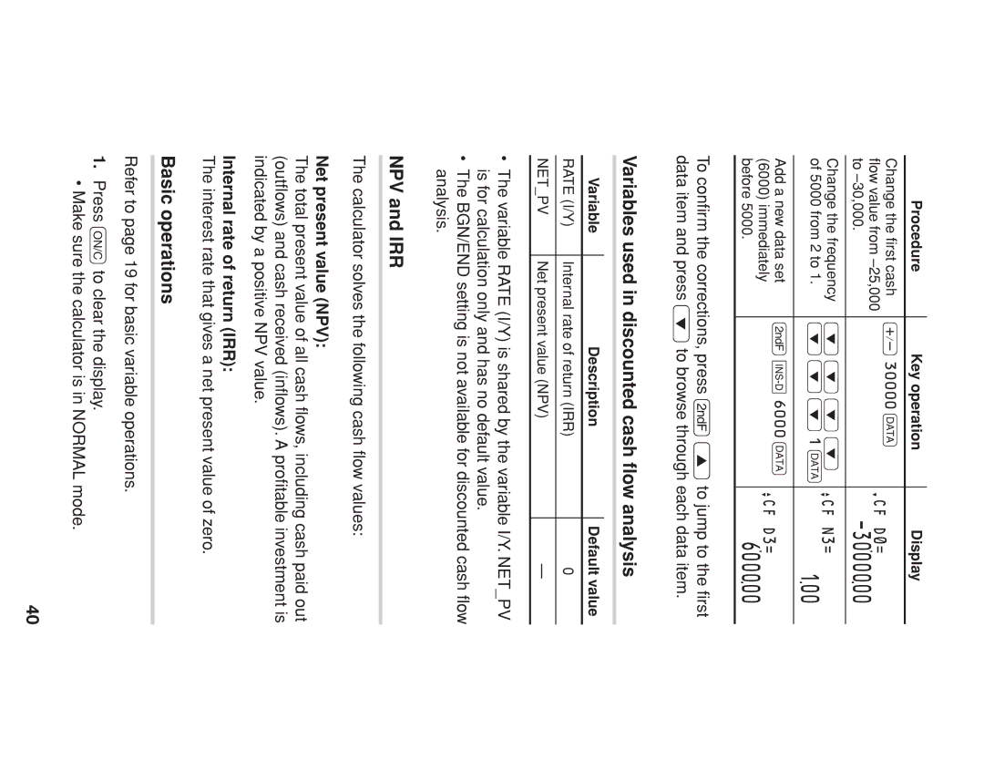 Sharp EL-738 operation manual 3000000, 600000, Variables used in discounted cash ﬂow analysis, NPV and IRR 