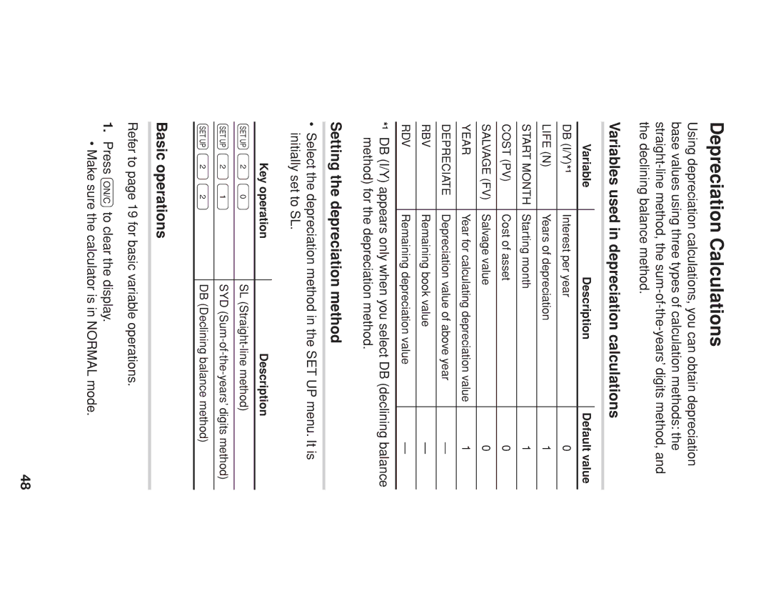 Sharp EL-738 Depreciation Calculations, Variables used in depreciation calculations, Setting the depreciation method 