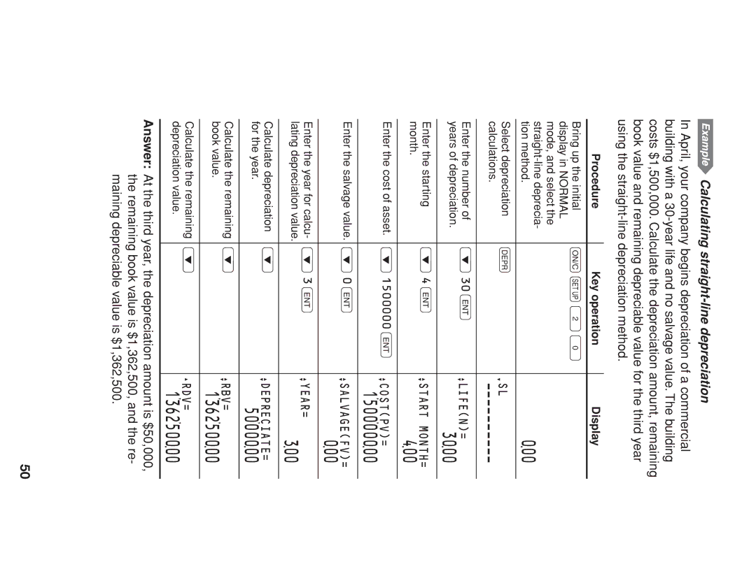 Sharp EL-738 operation manual 3000, 5000000, Calculating straight-line depreciation 