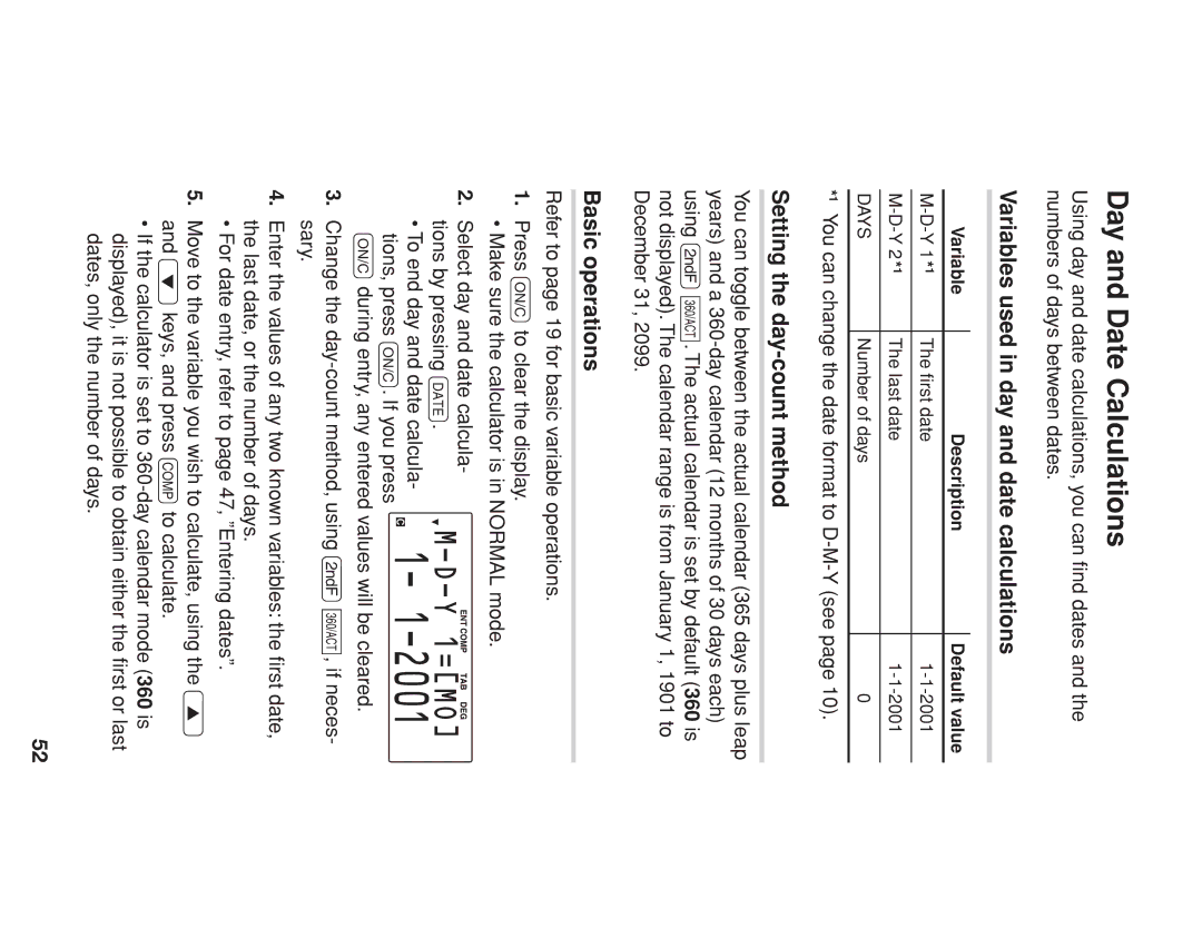 Sharp EL-738 operation manual Day and Date Calculations, Variables used in day and date calculations 