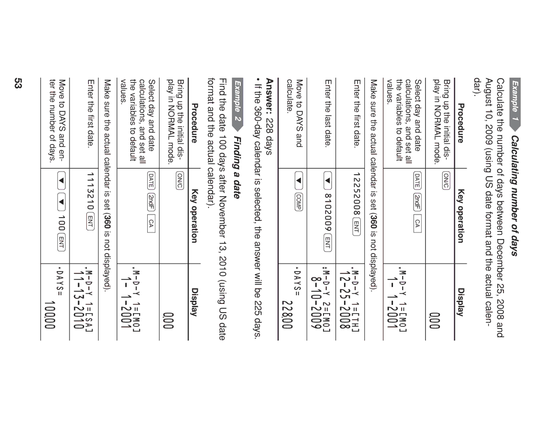 Sharp EL-738 operation manual 10-2009, 22800, Calculating number of days, Answer 228 days 