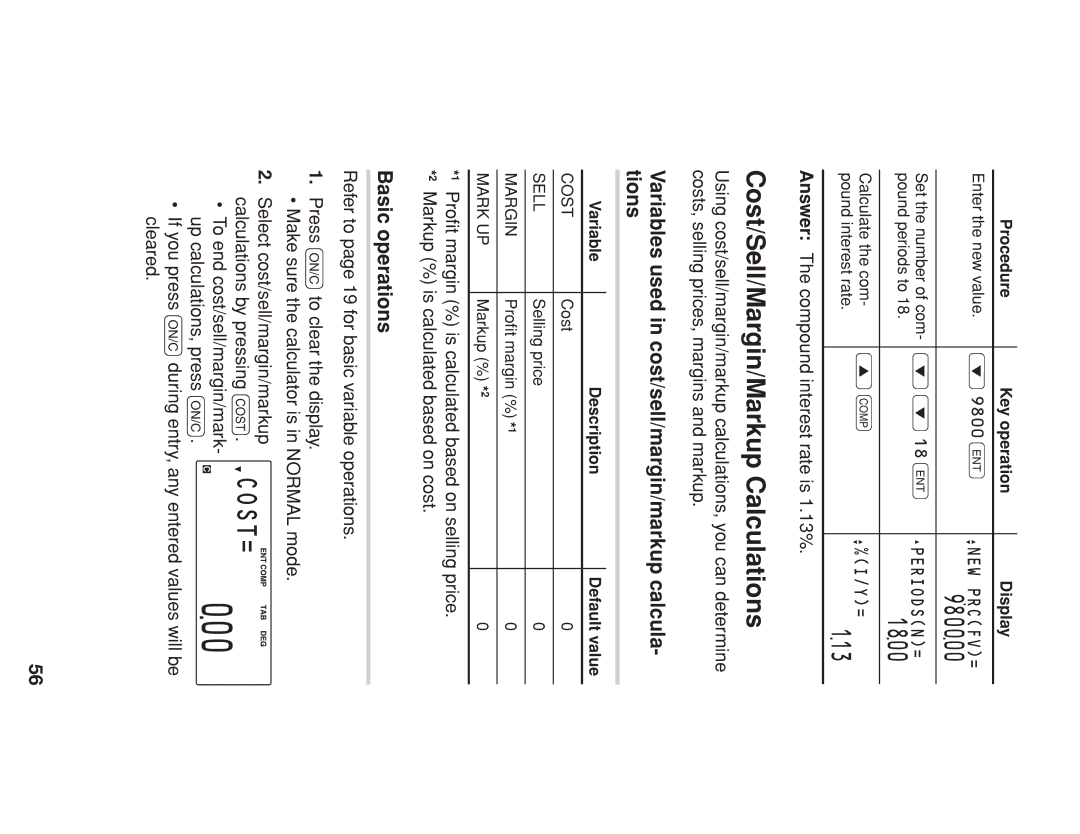 Sharp EL-738 980000, 113, Cost/Sell/Margin/Markup Calculations, Variables used in cost/sell/margin/markup calcula- tions 