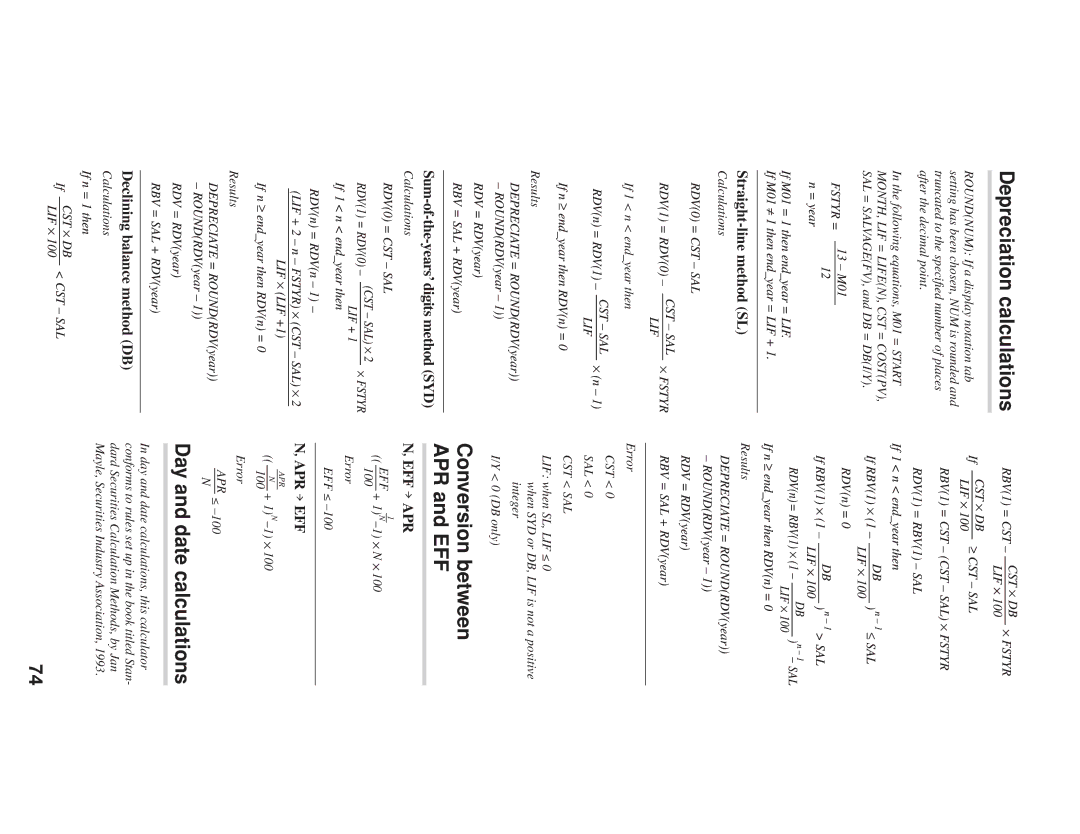 Sharp EL-738 operation manual Depreciation calculations, Conversion between APR and EFF, Day and date calculations 