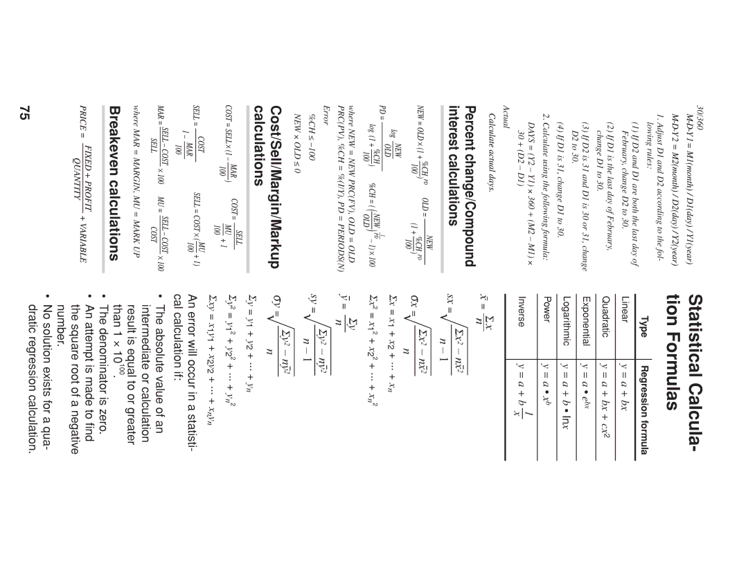 Sharp EL-738 Statistical Calcula- tion Formulas, Cost/Sell/Margin/Markup calculations, Breakeven calculations 