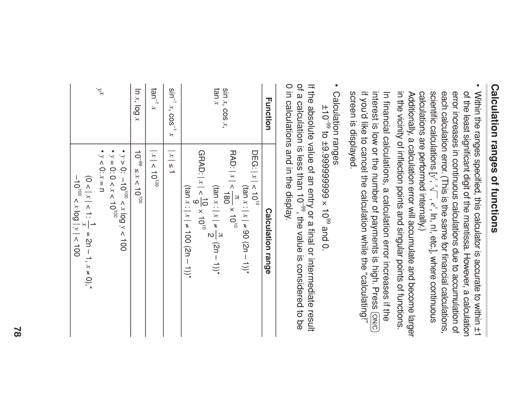 Sharp EL-738 operation manual Calculation ranges of functions, Function Calculation range 