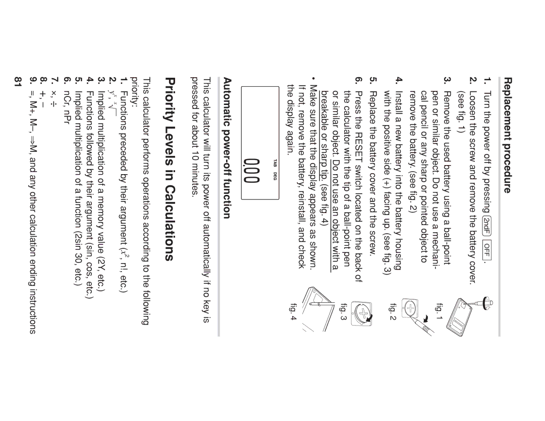 Sharp EL-738 operation manual Priority Levels in Calculations, Replacement procedure, Automatic power-off function 