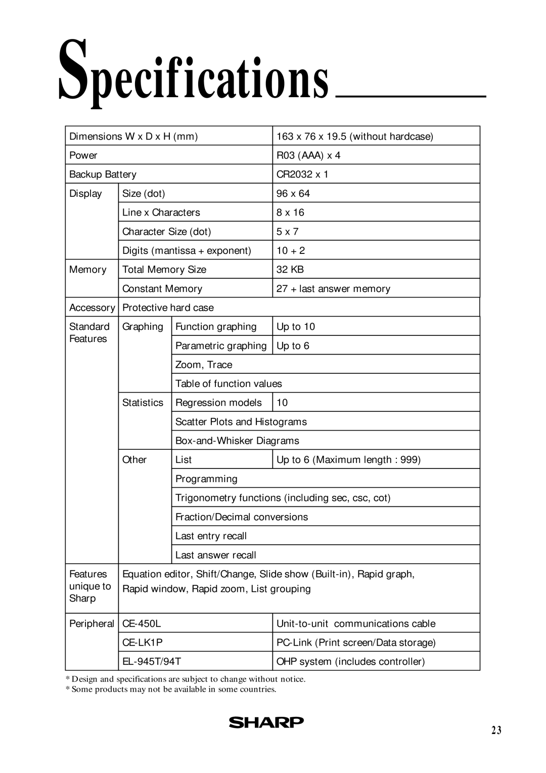 Sharp EL-9450, EL-9400 manual Specifications, CE-LK1P 