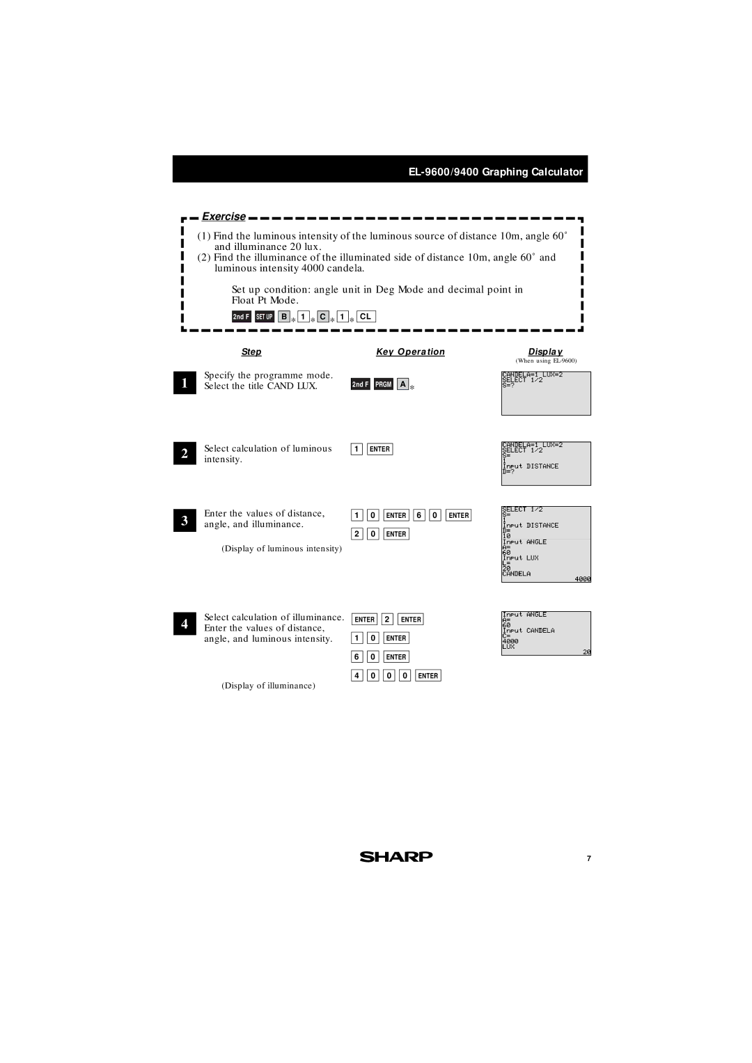 Sharp EL-9400, EL-9600 manual Display of luminous intensity 