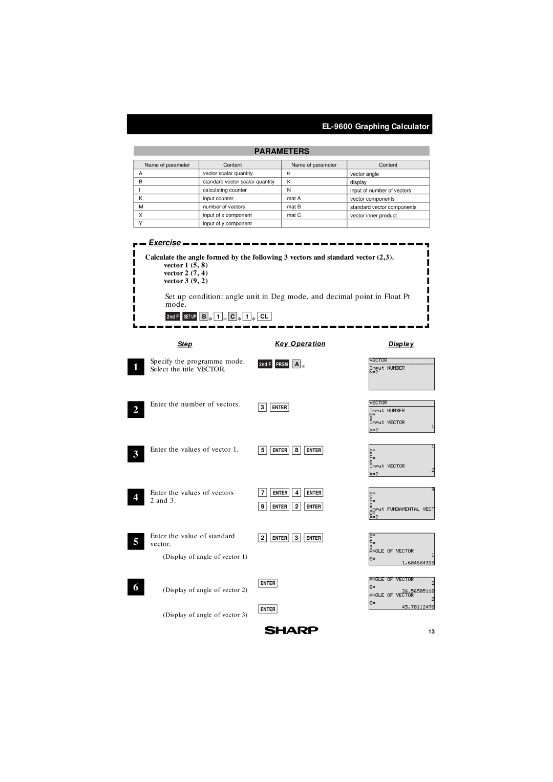 Sharp EL-9400, EL-9600 manual Display of angle of vector 