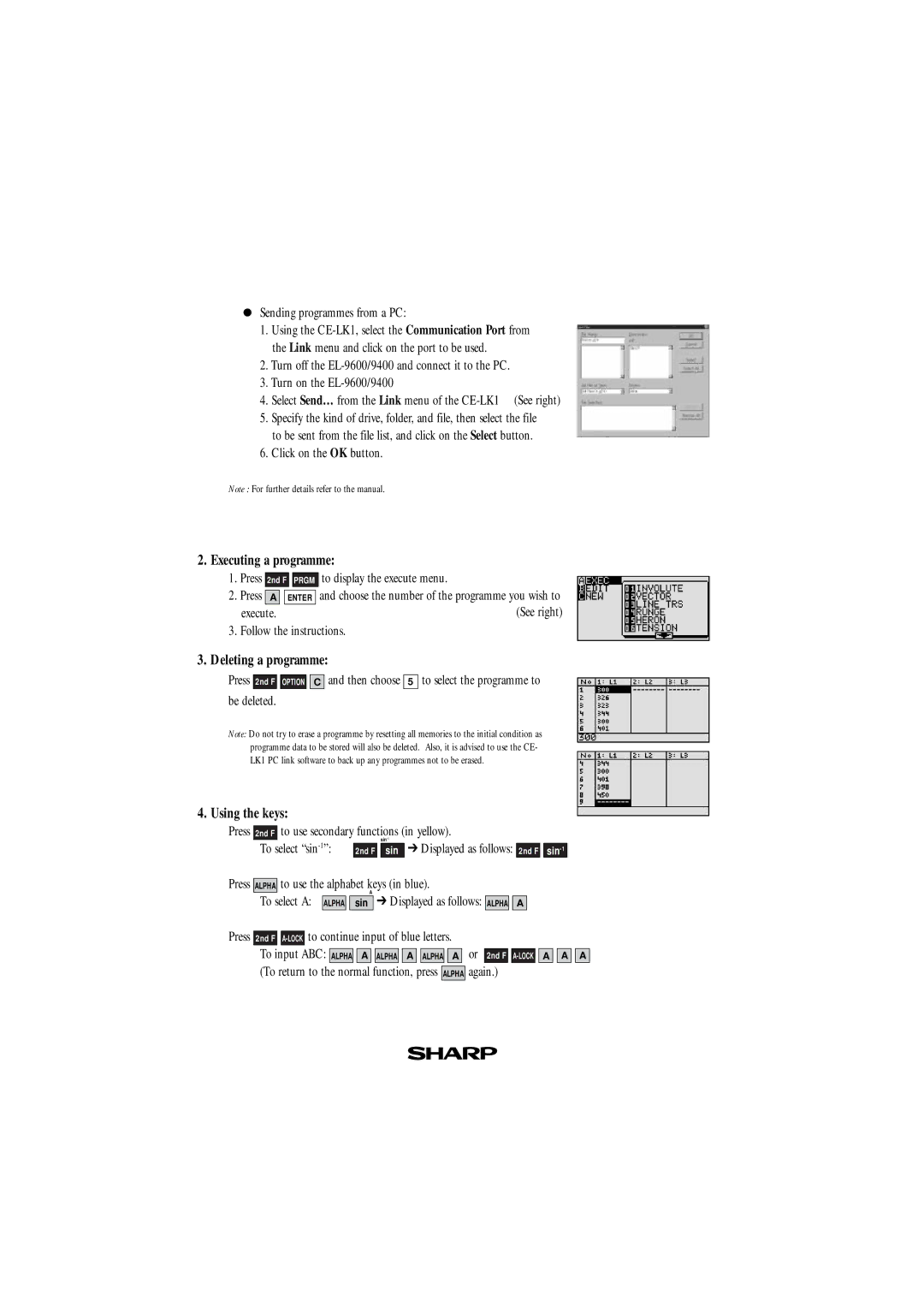 Sharp EL-9600 Sending programmes from a PC, Click on the OK button, To display the execute menu, Execute, To select sin 