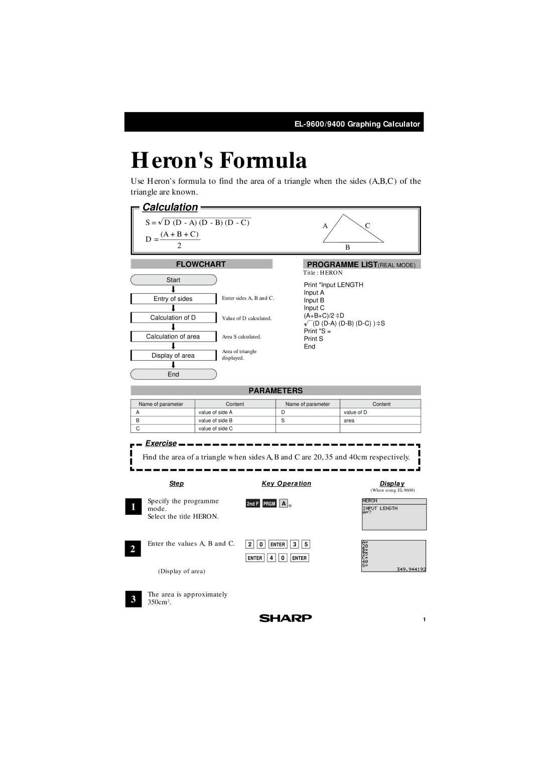 Sharp EL-9400, EL-9600 manual = D D a D B D C = a + B + C, Flowchart Programme List Real Mode, Parameters 