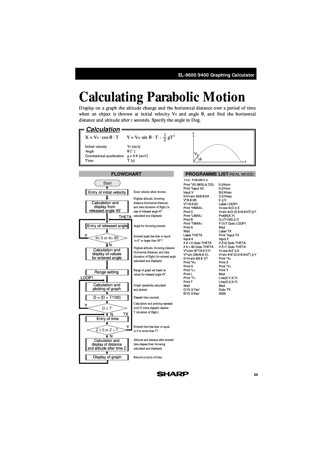 Sharp EL-9400, EL-9600 manual Calculating Parabolic Motion, X = V 0 cos θ T, Y = V 0 sin θ T, 2 gT, Calculation, Flowchart 