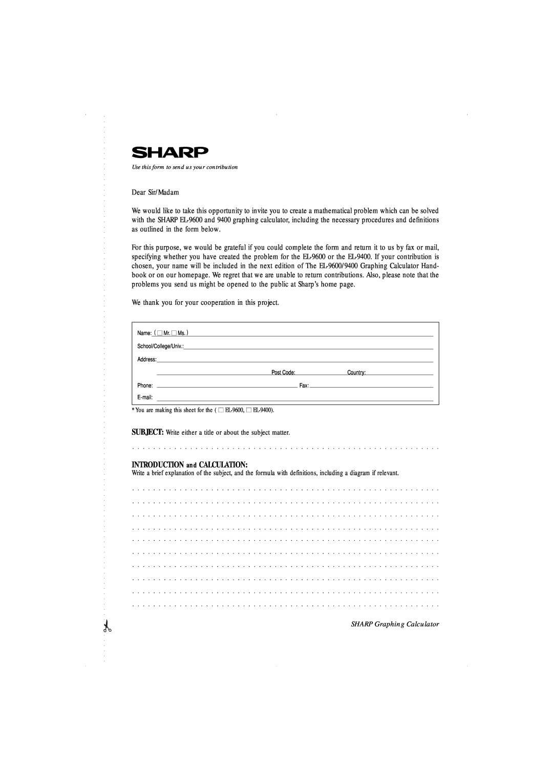 Sharp EL-9400, EL-9600 INTRODUCTION and CALCULATION, Dear Sir/Madam, We thank you for your cooperation in this project 