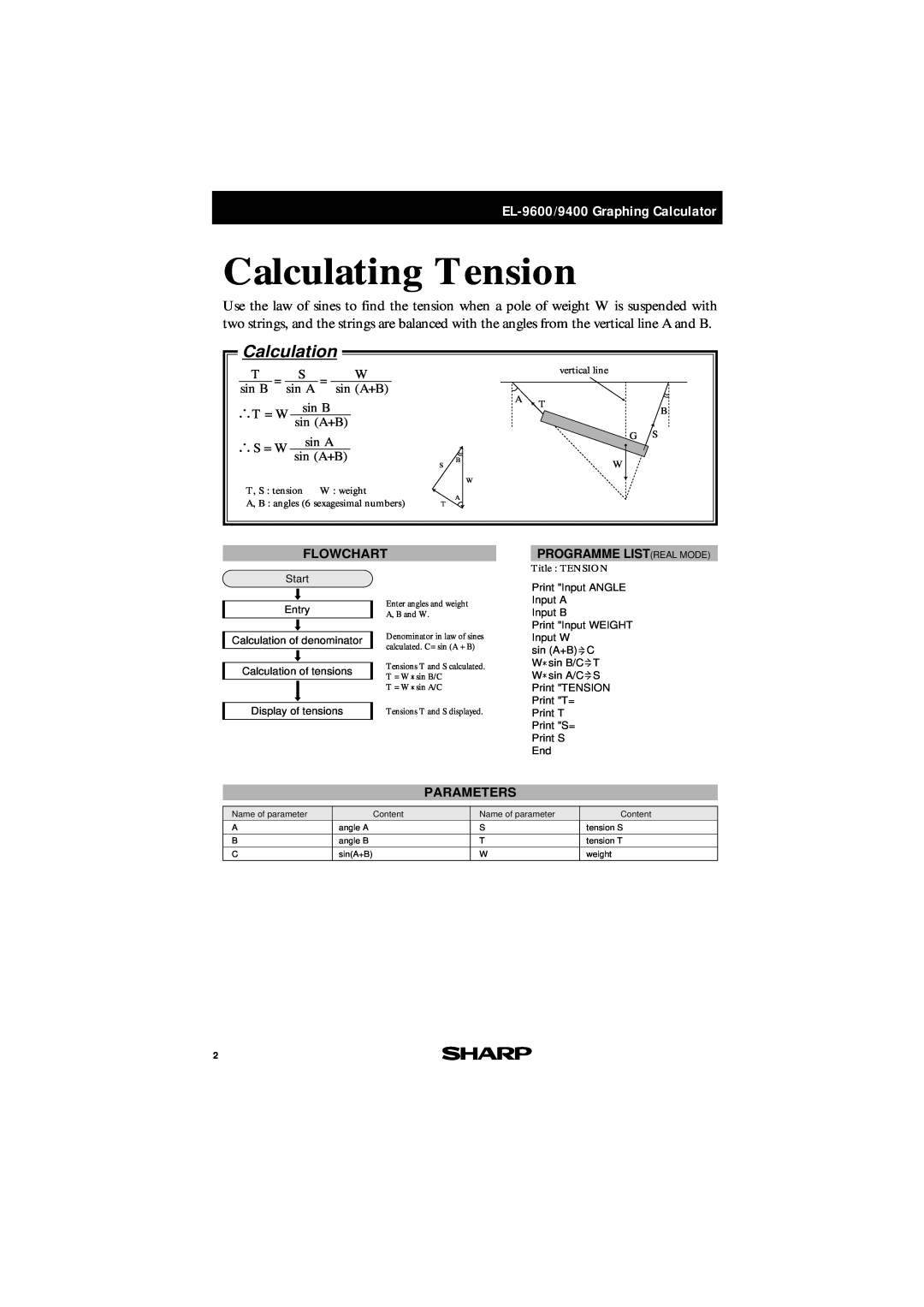 Sharp manual sin B, T = W, S = W, sin A, Calculating Tension, Calculation, EL-9600/9400 Graphing Calculator, Flowchart 