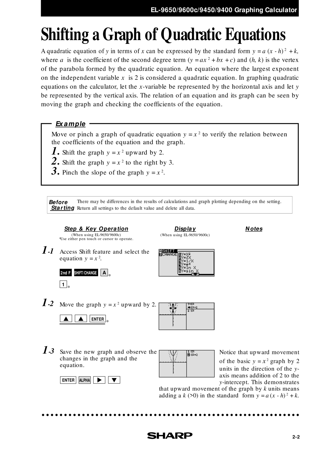 Sharp EL-9650, EL-9400, EL-9600c manual Shifting a Graph of Quadratic Equations 