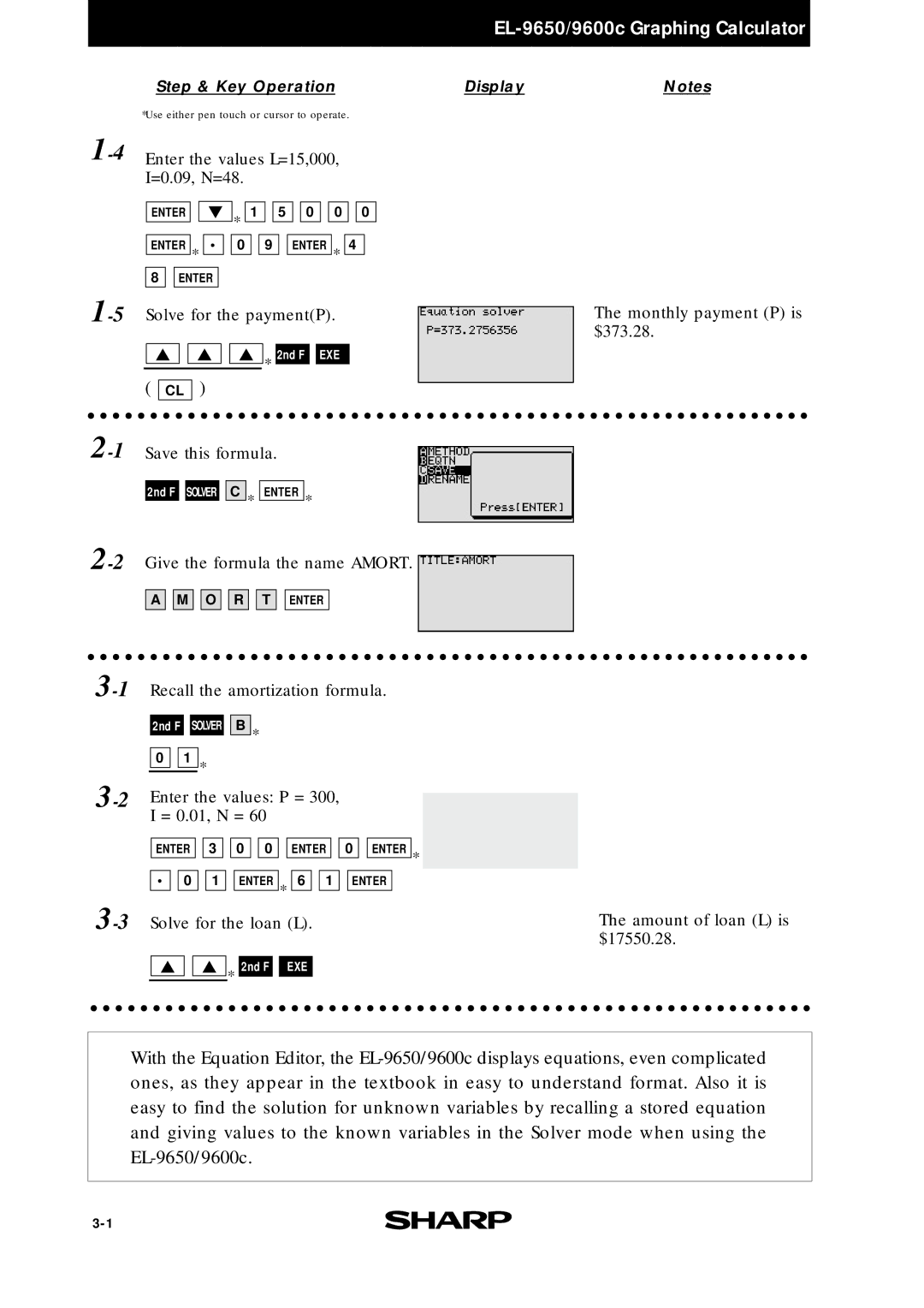 Sharp EL-9650, EL-9400, EL-9600c manual 4Enter the values L=15,000, I=0.09, N=48 