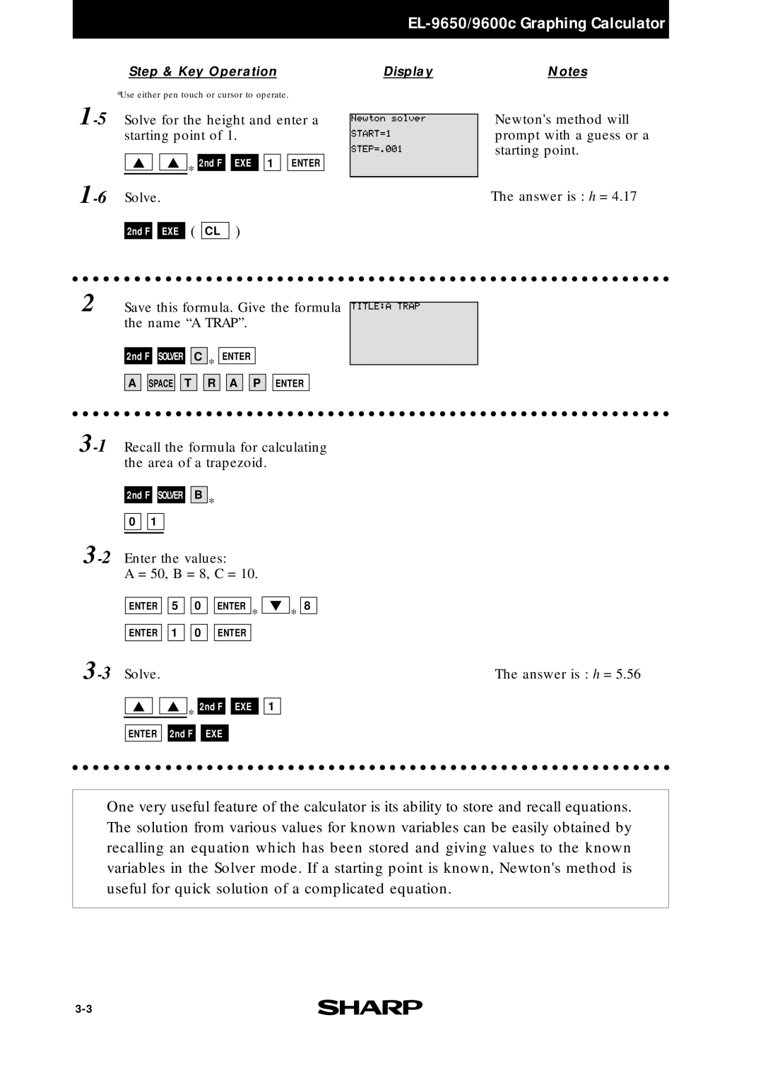 Sharp EL-9400, EL-9600c, EL-9650 manual 5Solve for the height and enter a starting point 