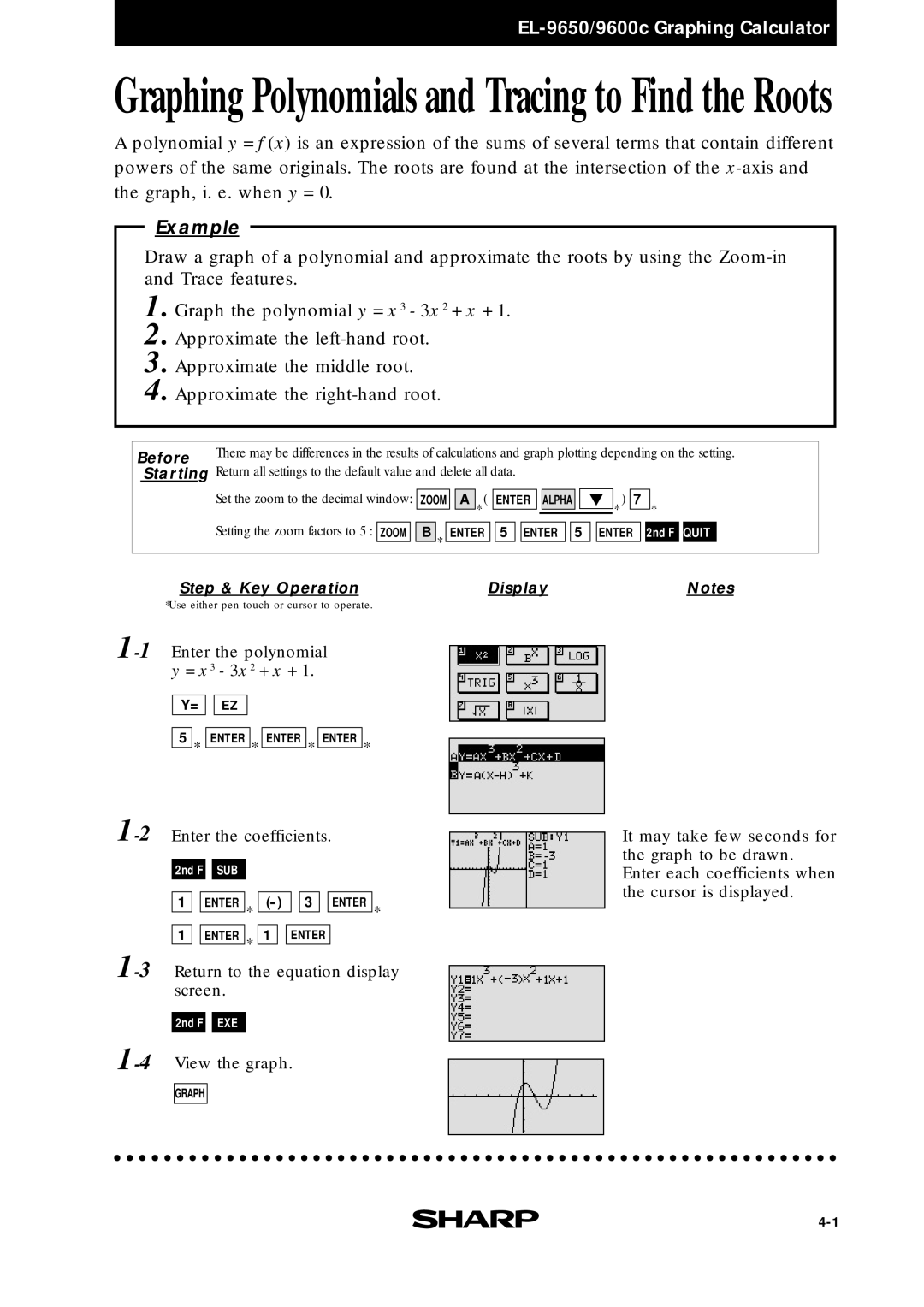 Sharp EL-9600c, EL-9400, EL-9650 manual Graphing Polynomials and Tracing to Find the Roots 