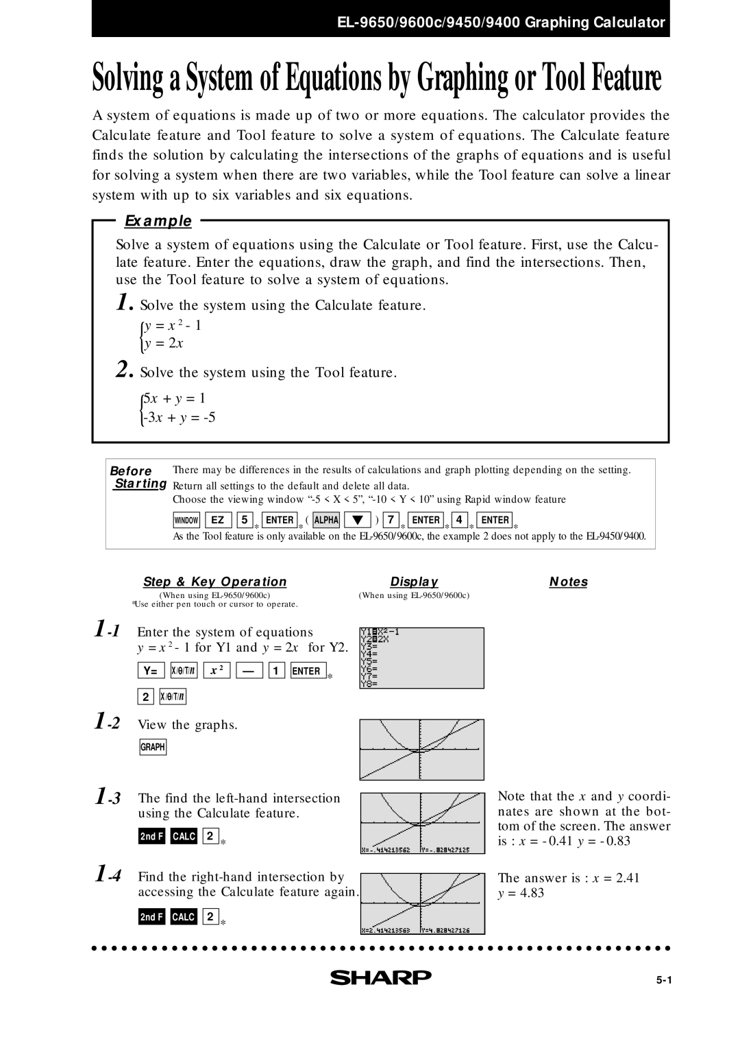 Sharp EL-9650, EL-9400, EL-9600c manual Solving a System of Equations by Graphing or Tool Feature 