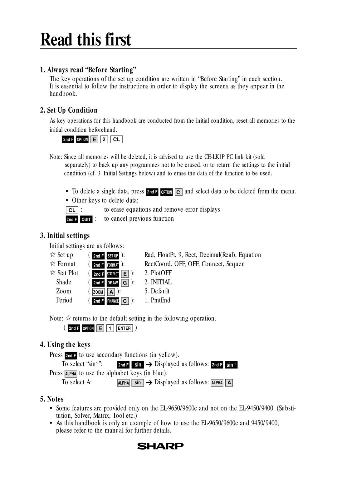 Sharp EL-9400, EL-9600c, EL-9650 manual Read this first, Always read Before Starting 