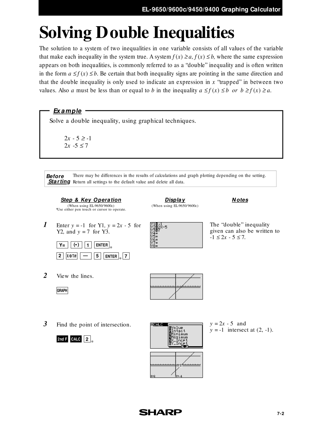 Sharp EL-9600c, EL-9400, EL-9650 manual Solving Double Inequalities, 2x 5 ≥ 