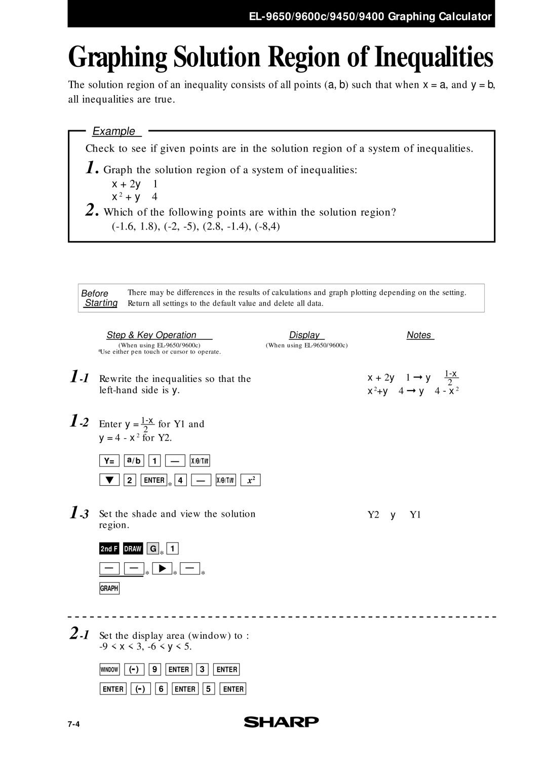 Sharp EL-9600c, EL-9400, EL-9650 manual Graphing Solution Region of Inequalities, + y ≥ 