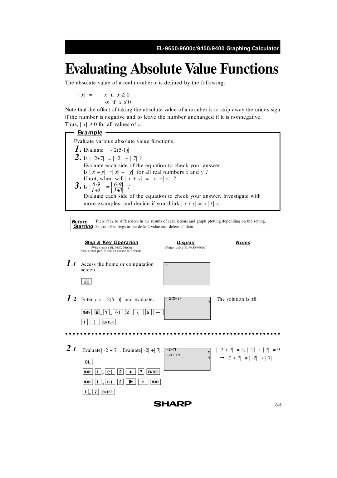 Sharp EL-9600c, EL-9400, EL-9650 manual Evaluating Absolute Value Functions 