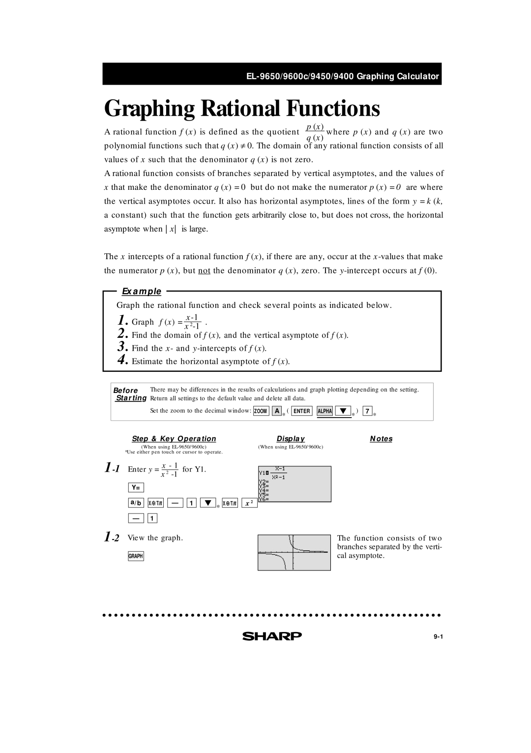 Sharp EL-9400, EL-9600c, EL-9650 manual Graphing Rational Functions 