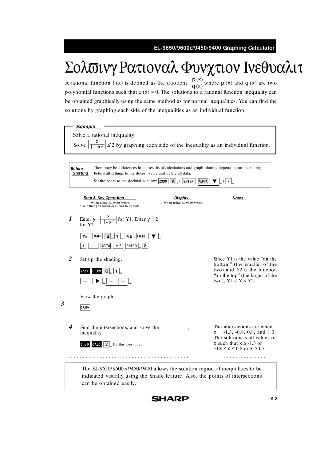 Sharp EL-9650, EL-9400, EL-9600c manual Solving Rational Function Inequalities 