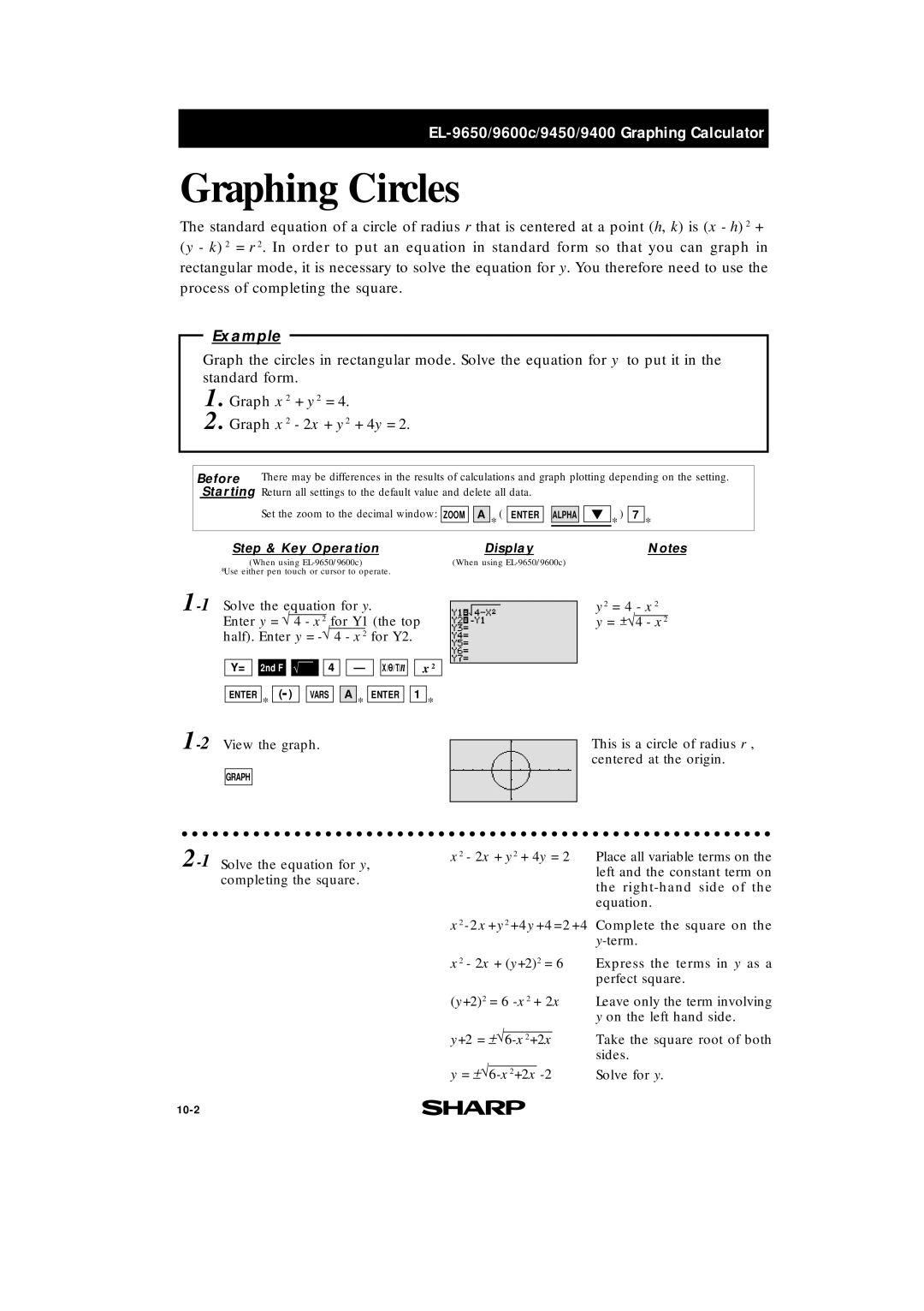 Sharp EL-9650, EL-9400, EL-9600c manual Graphing Circles, Graph x 2 2x + y 2 + 4y = 