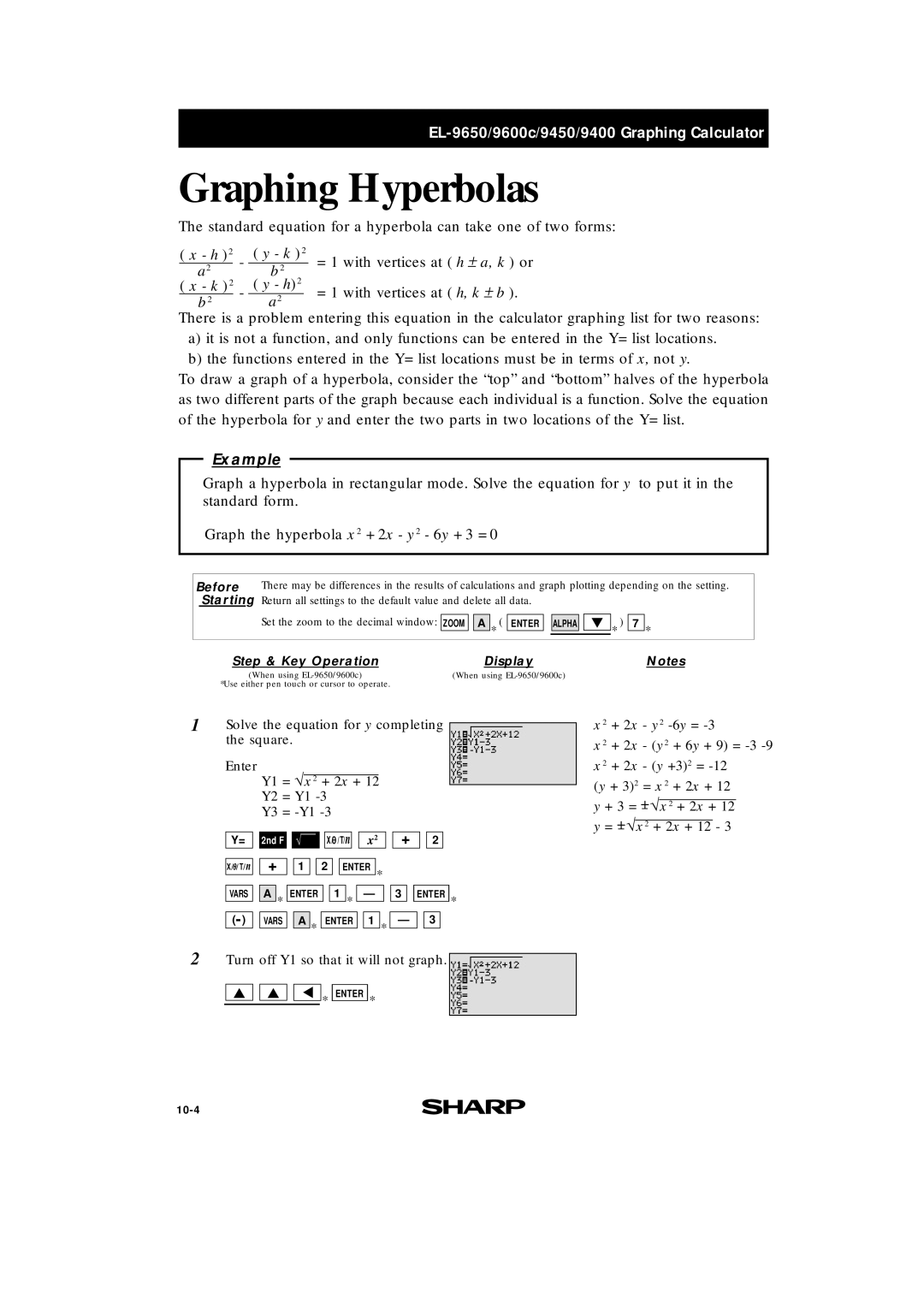 Sharp EL-9400, EL-9600c, EL-9650 manual Graphing Hyperbolas 