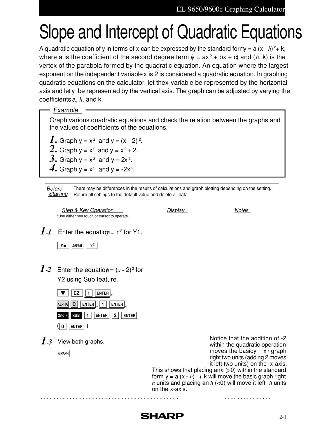 Sharp EL-9400, EL-9600c, EL-9650 manual Slope and Intercept of Quadratic Equations 