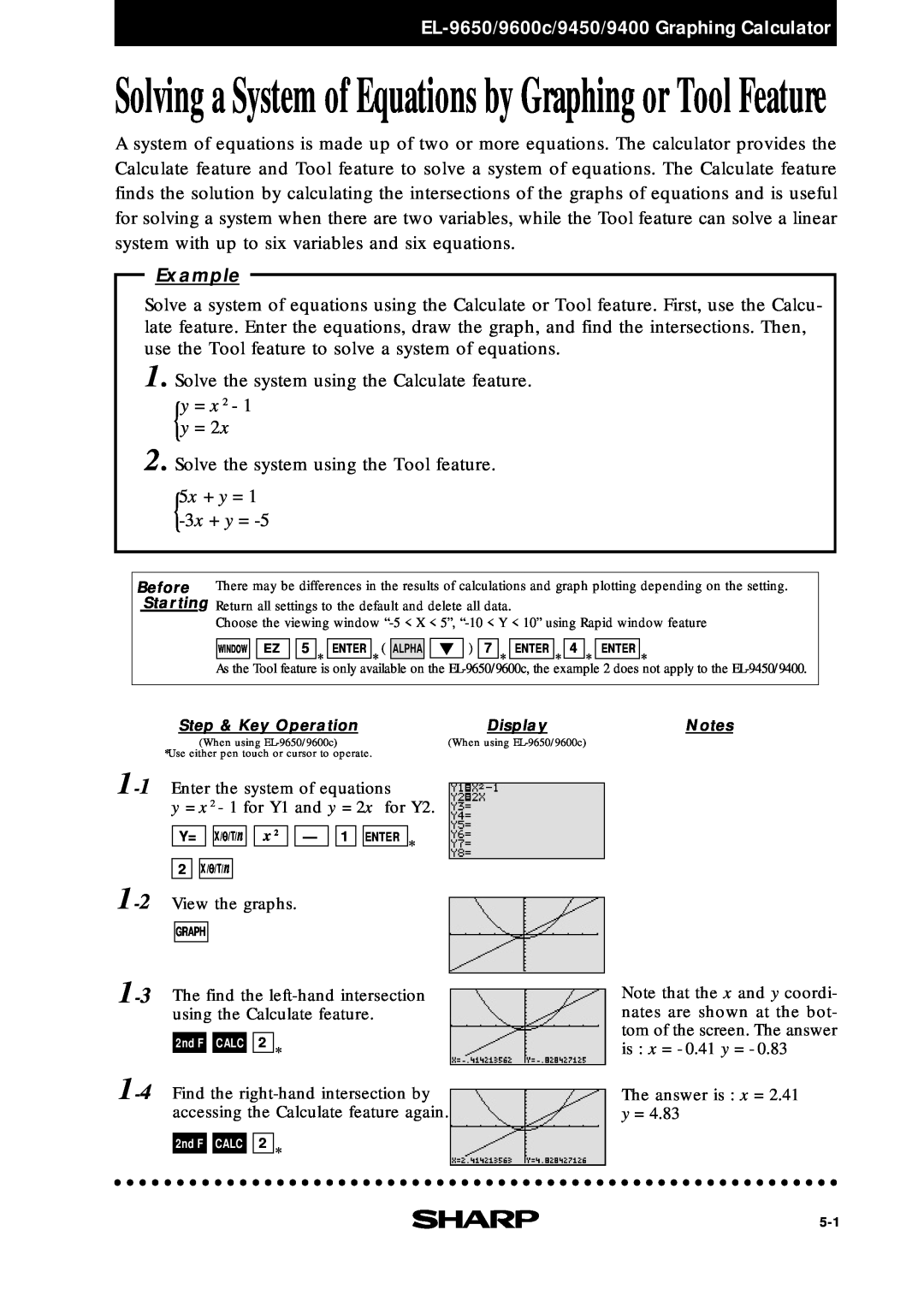 Sharp Solving a System of Equations by Graphing or Tool Feature, EL-9650/9600c/9450/9400 Graphing Calculator, Example 
