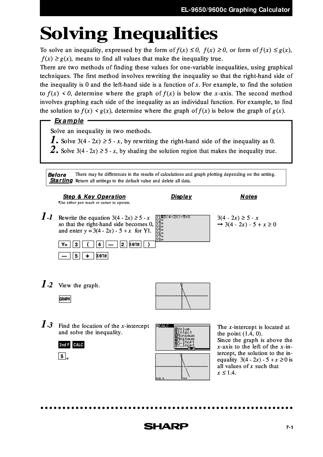 Sharp EL-9400, EL-9600c manual Solving Inequalities, EL-9650/9600c Graphing Calculator, Example 
