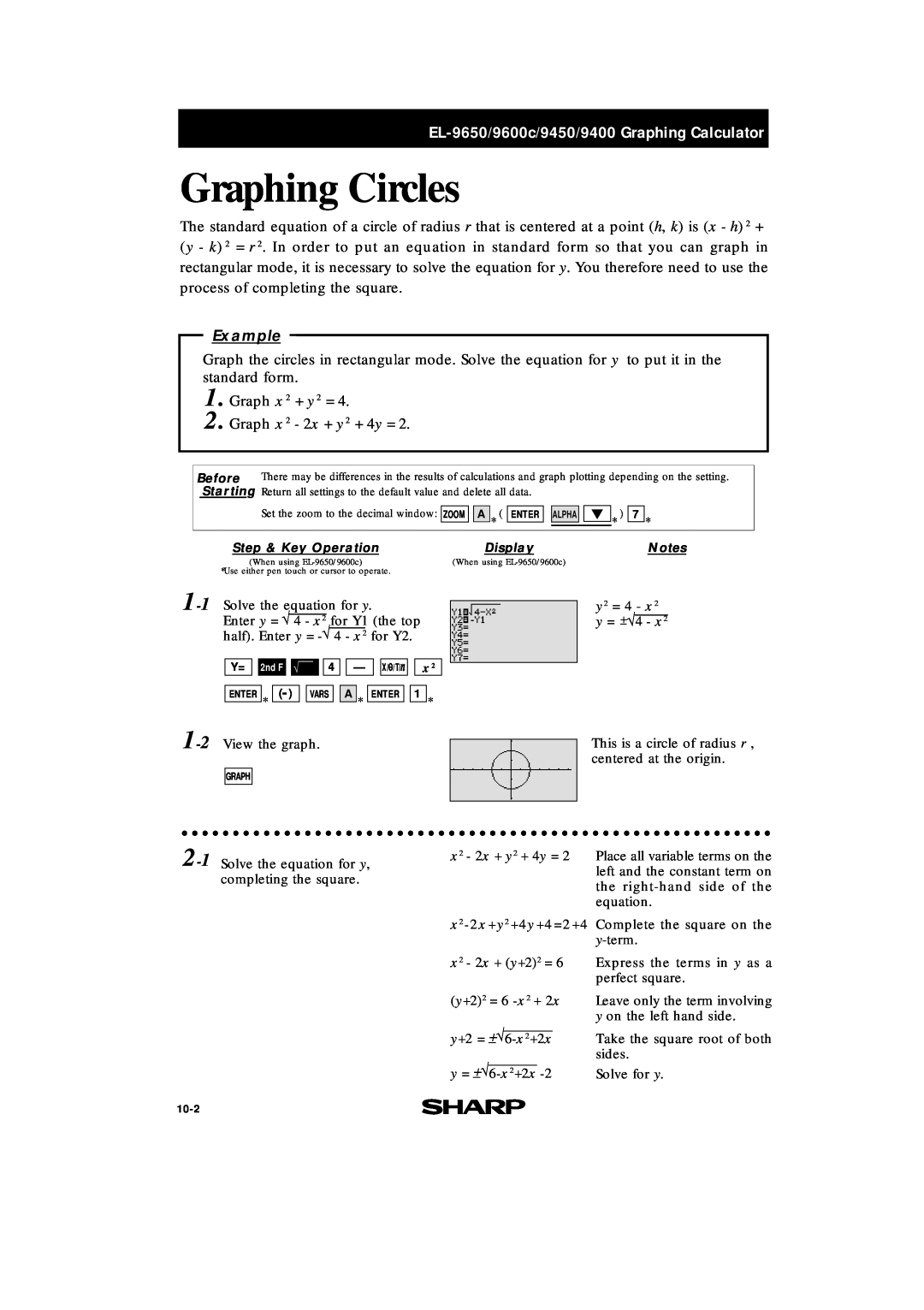 Sharp EL-9400 manual Graphing Circles, EL-9650/9600c/9450/9400 Graphing Calculator, Example, Graph x 2 - 2x + y 2 + 4y = 