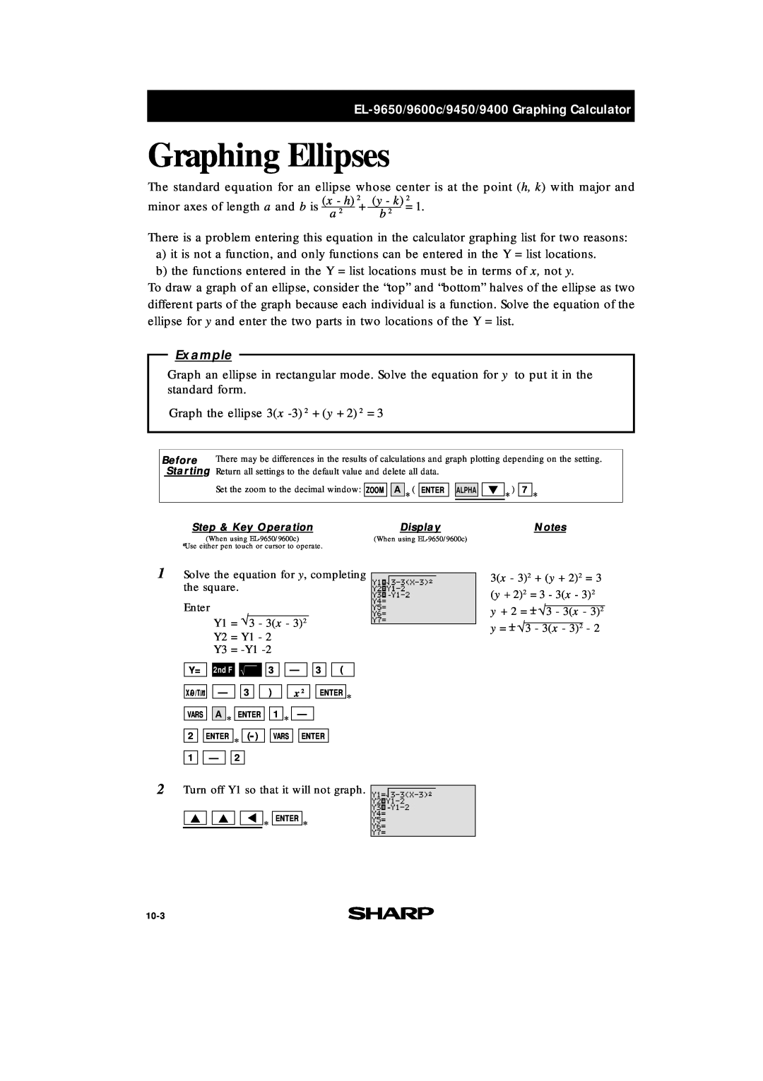 Sharp EL-9600c, EL-9400 manual Graphing Ellipses, EL-9650/9600c/9450/9400 Graphing Calculator, x - h, y - k, Example 