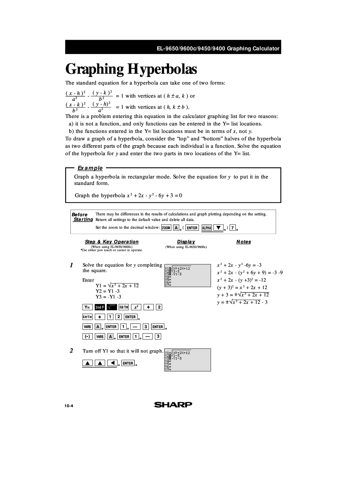 Sharp EL-9400 manual Graphing Hyperbolas, EL-9650/9600c/9450/9400 Graphing Calculator, x - h, y - k, x - k, y - h, Example 