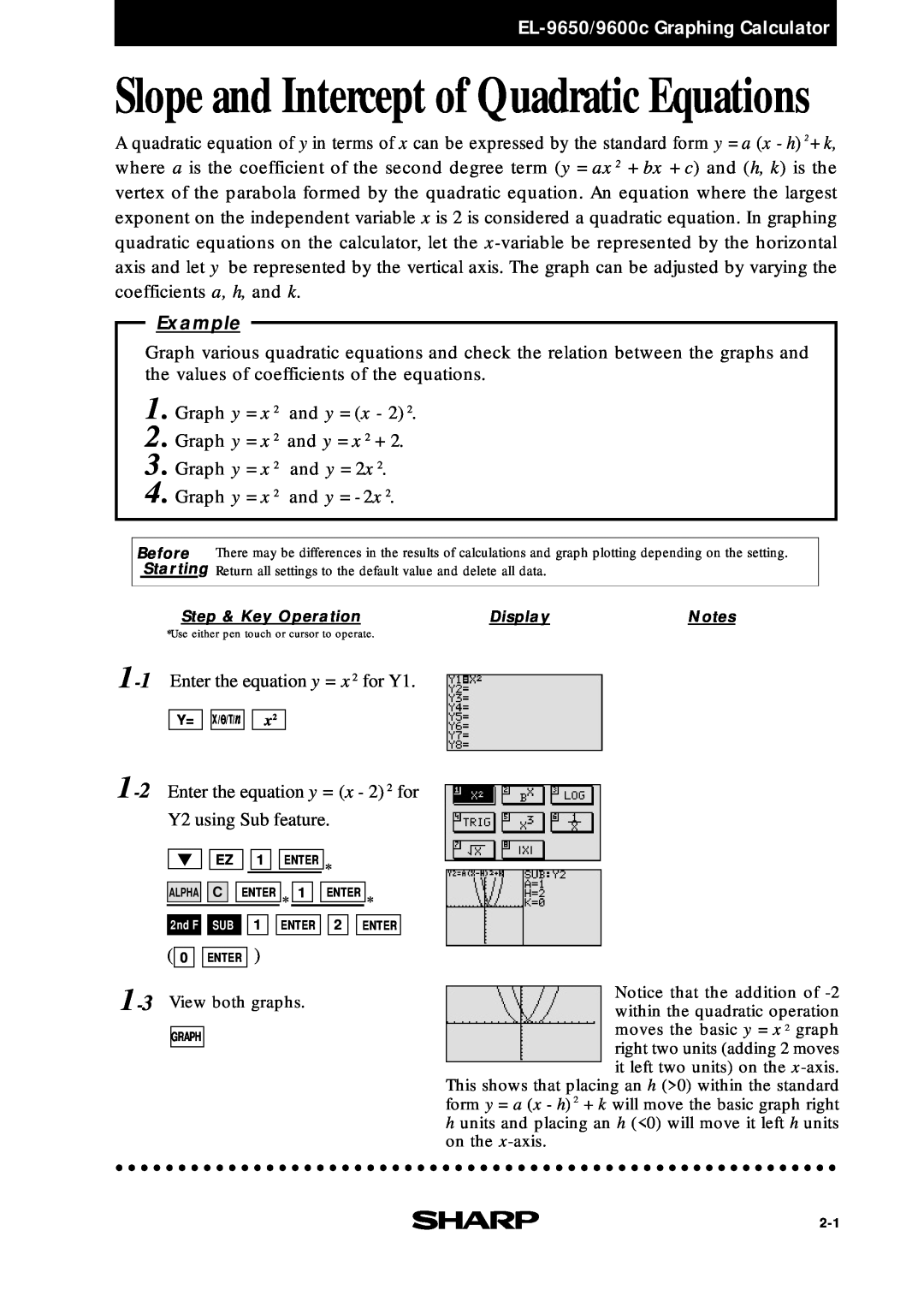 Sharp EL-9400, EL-9600c manual EL-9650/9600c Graphing Calculator, Slope and Intercept of Quadratic Equations, Example 