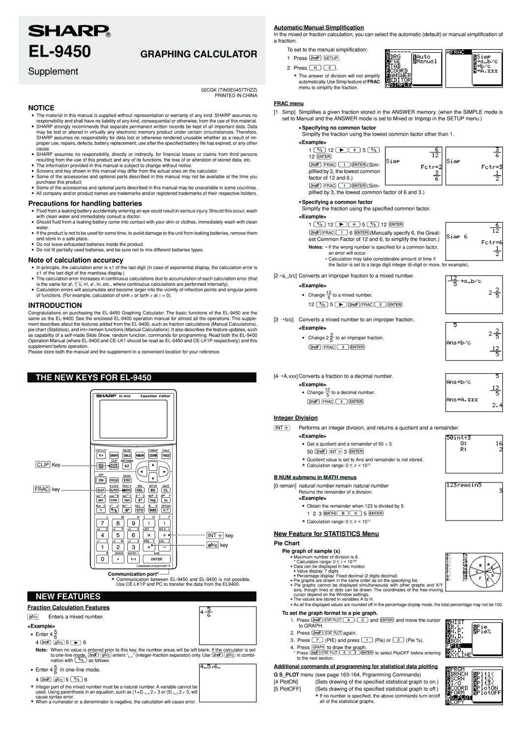 Sharp EL-9450 warranty Precautions for handling batteries, Automatic/Manual Simplification, Integer Division, Pie Chart 