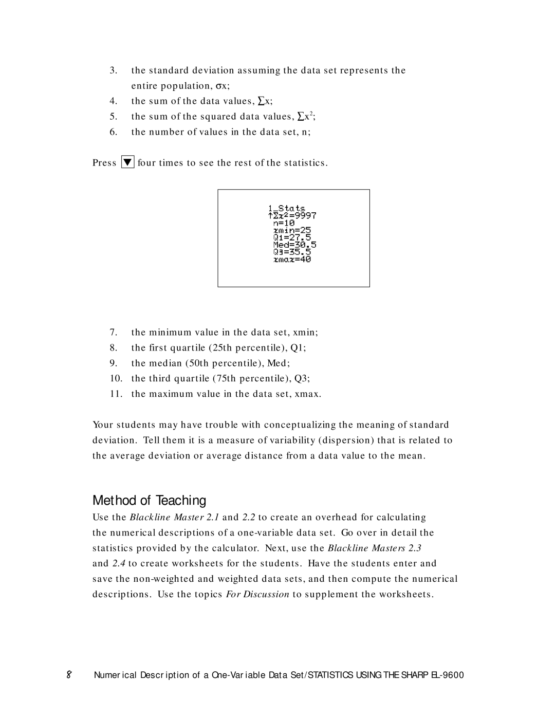 Sharp EL-9600 manual Method of Teaching 