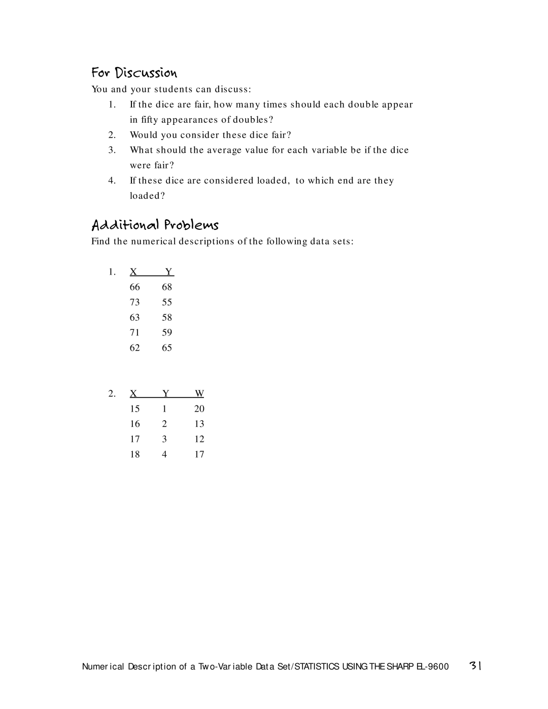 Sharp EL-9600 manual Find the numerical descriptions of the following data sets 