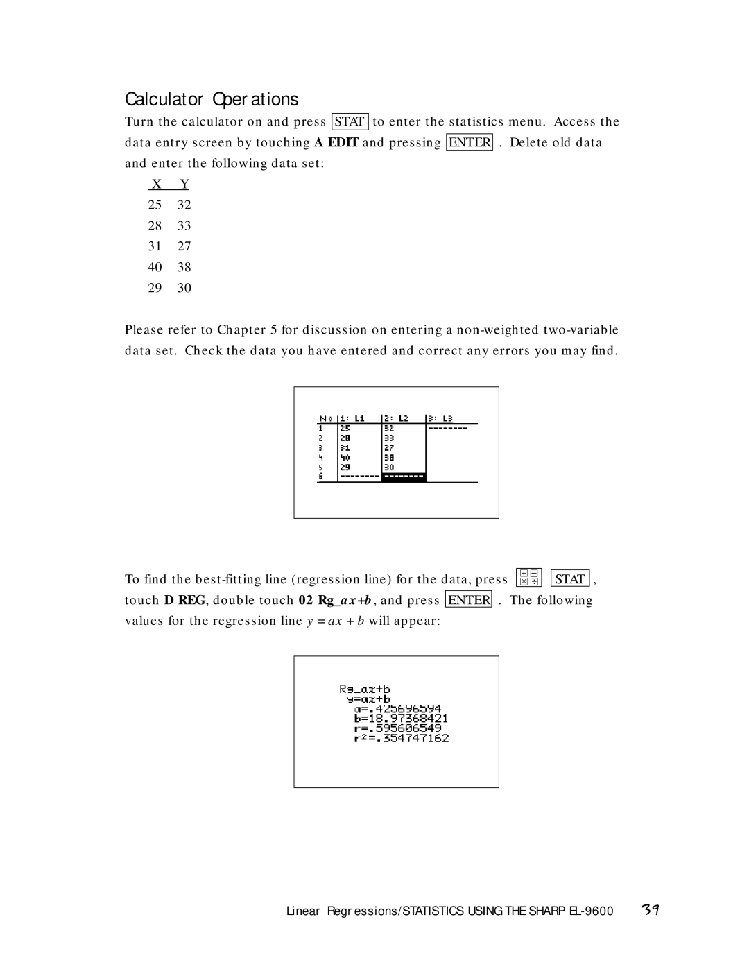 Sharp manual Linear Regressions/STATISTICS Using the Sharp EL-9600 