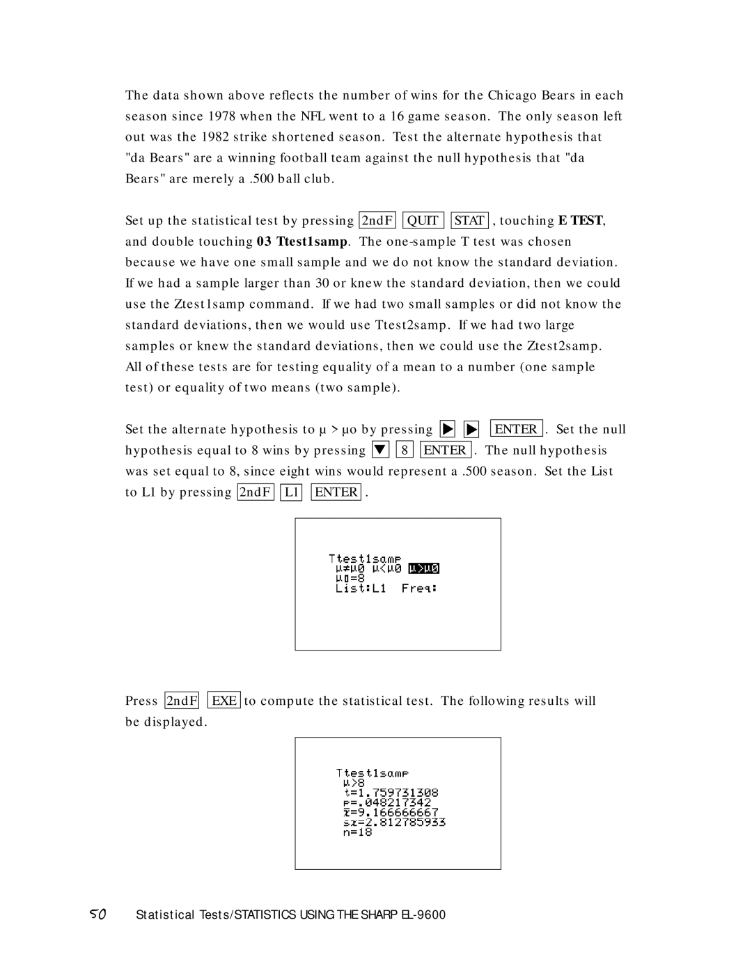 Sharp manual Statistical Tests/STATISTICS Using the Sharp EL-9600 