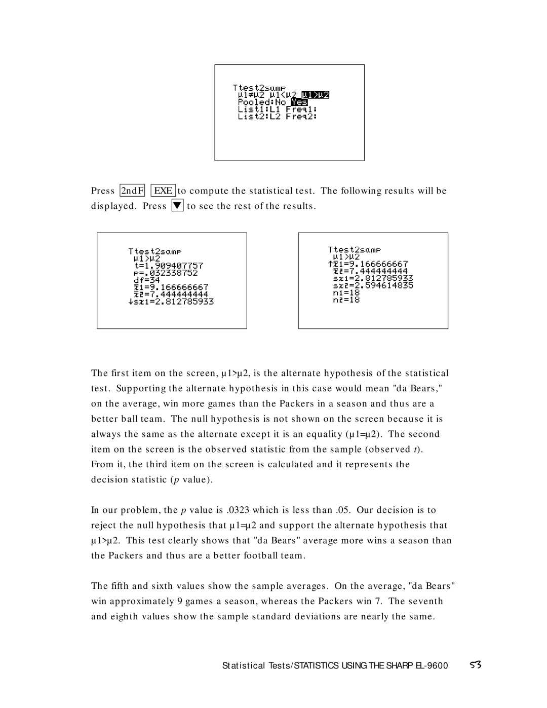 Sharp manual Statistical Tests/STATISTICS Using the Sharp EL-9600 